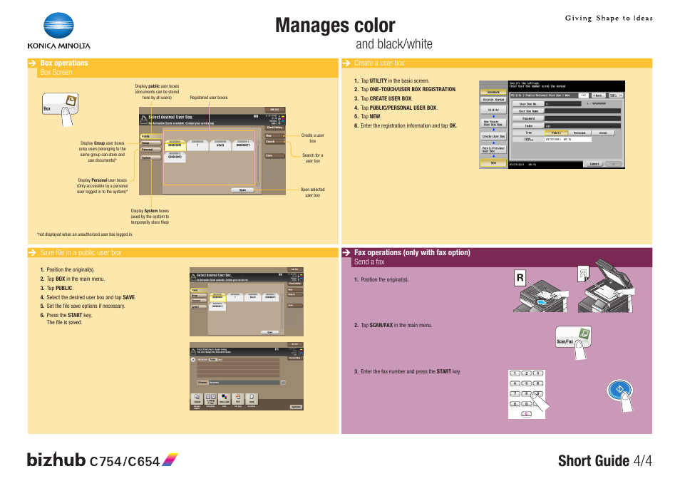 Manages color, Short guide 4/4, And black/white | Konica Minolta bizhub C654 User Manual | Page 4 / 4