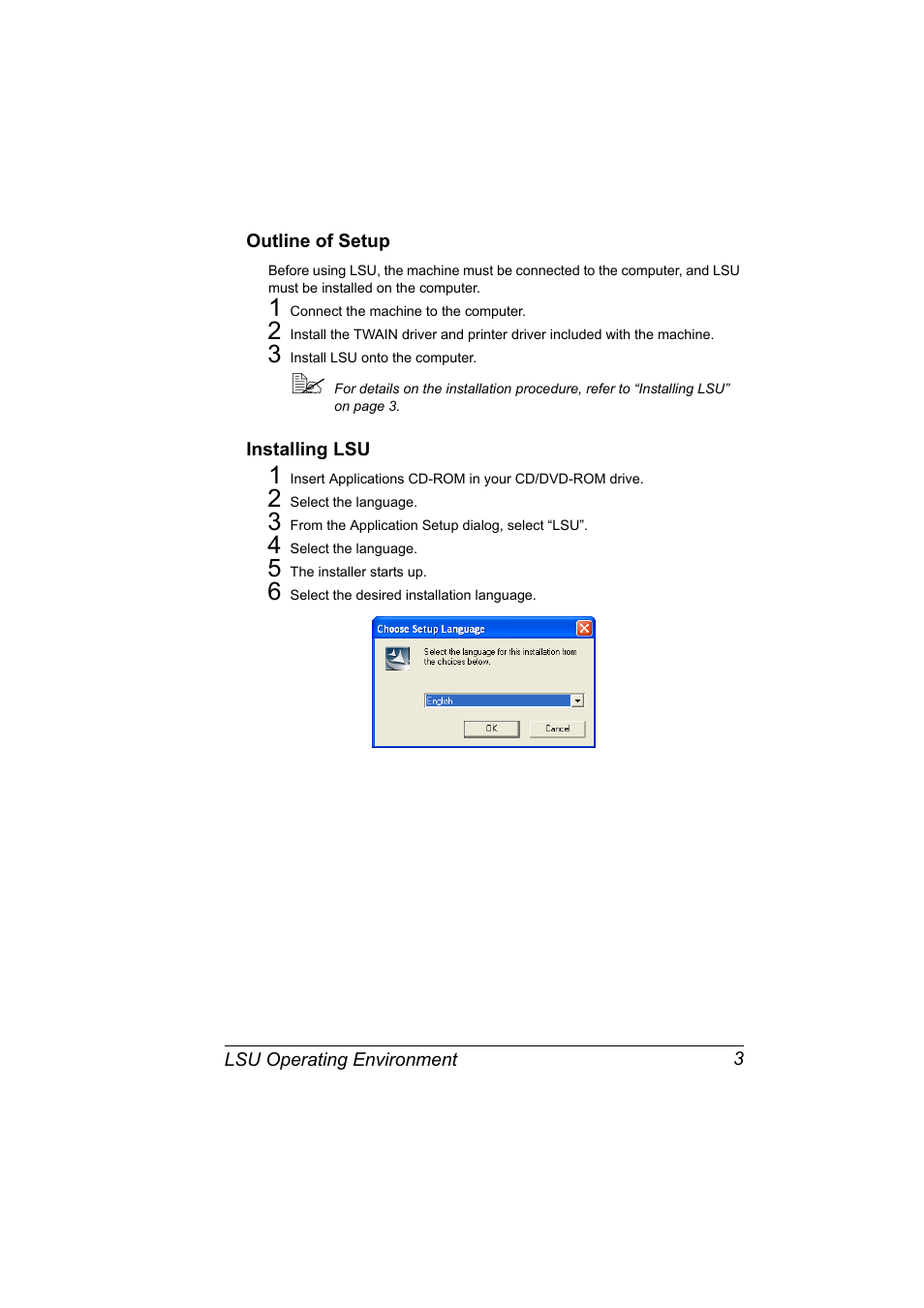 Outline of setup, Installing lsu, Outline of setup 3 installing lsu 3 | Konica Minolta Magicolor 2490MF User Manual | Page 11 / 86