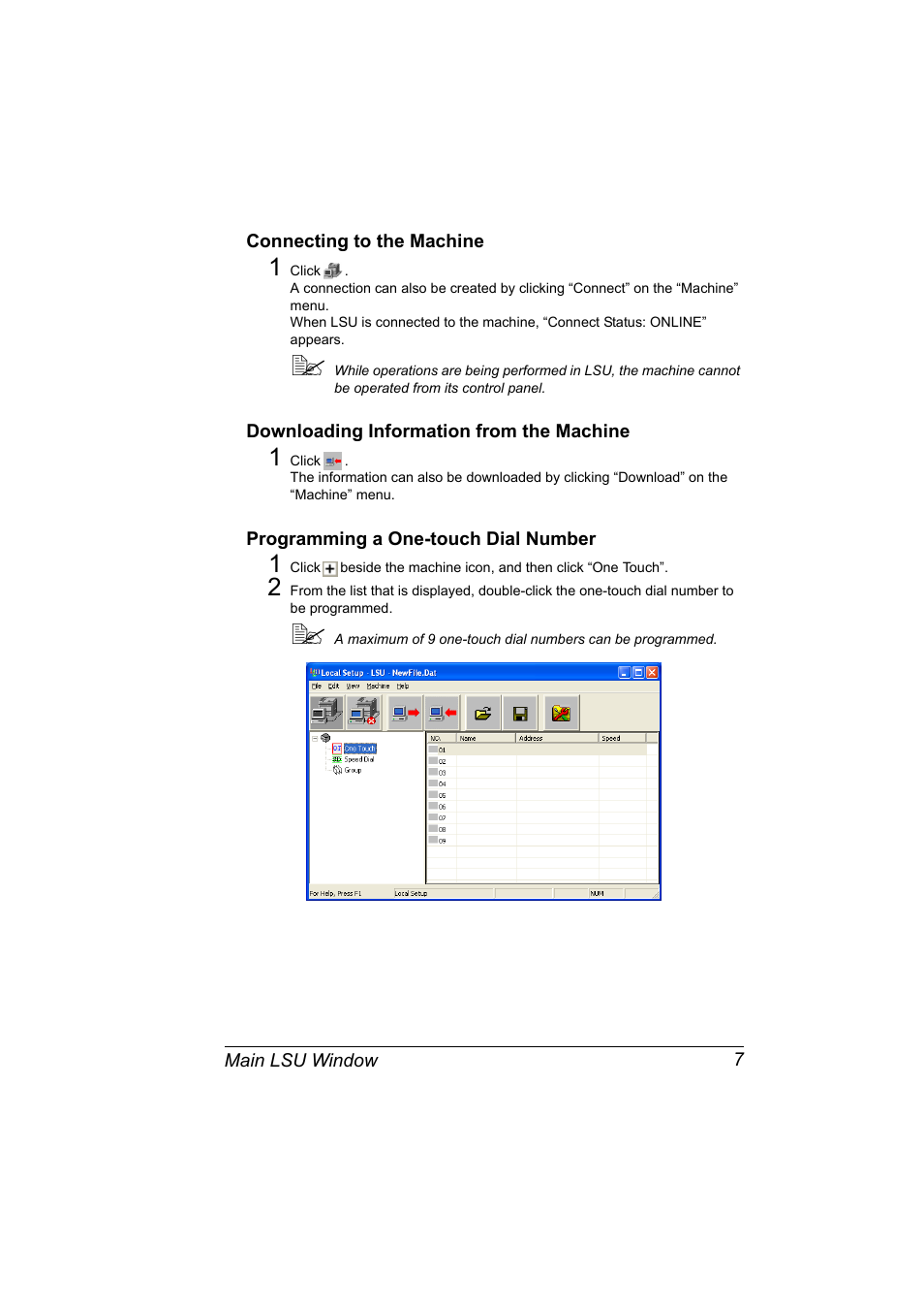 Connecting to the machine, Downloading information from the machine, Programming a one-touch dial number | Konica Minolta Magicolor 2490MF User Manual | Page 15 / 86