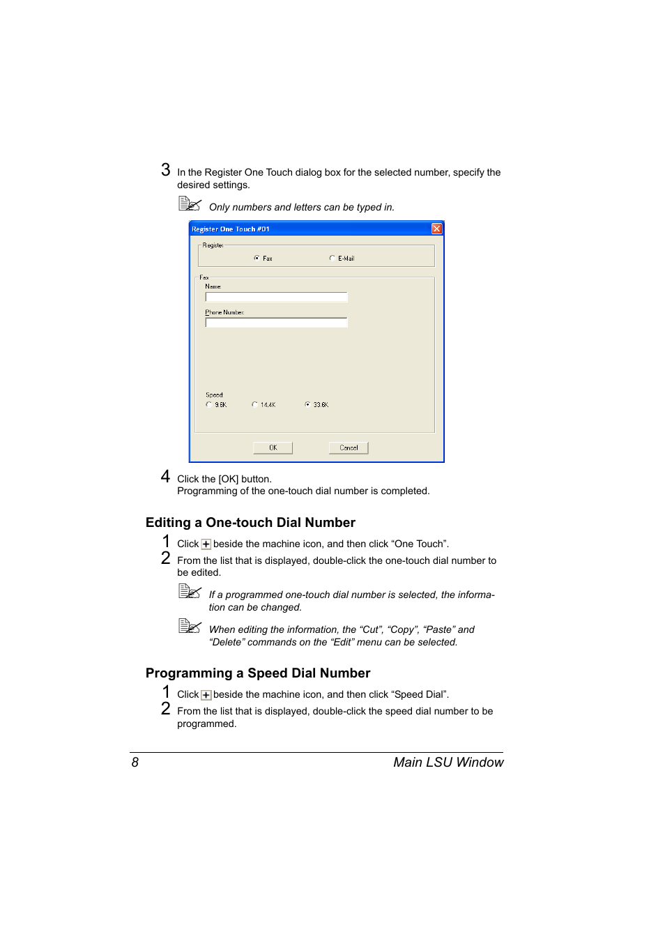 Editing a one-touch dial number, Programming a speed dial number | Konica Minolta Magicolor 2490MF User Manual | Page 16 / 86