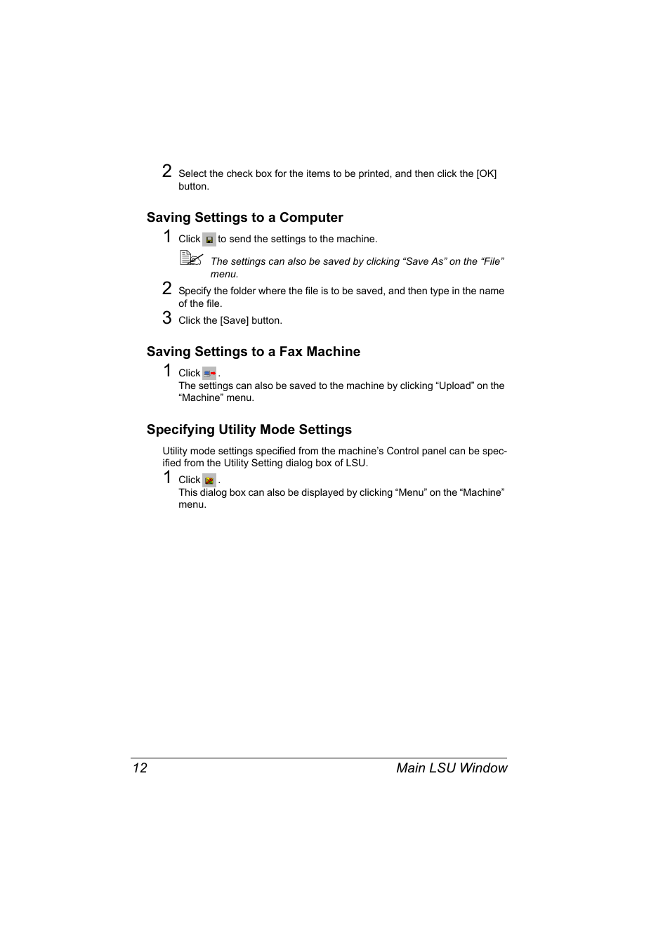 Saving settings to a computer, Saving settings to a fax machine, Specifying utility mode settings | Konica Minolta Magicolor 2490MF User Manual | Page 20 / 86