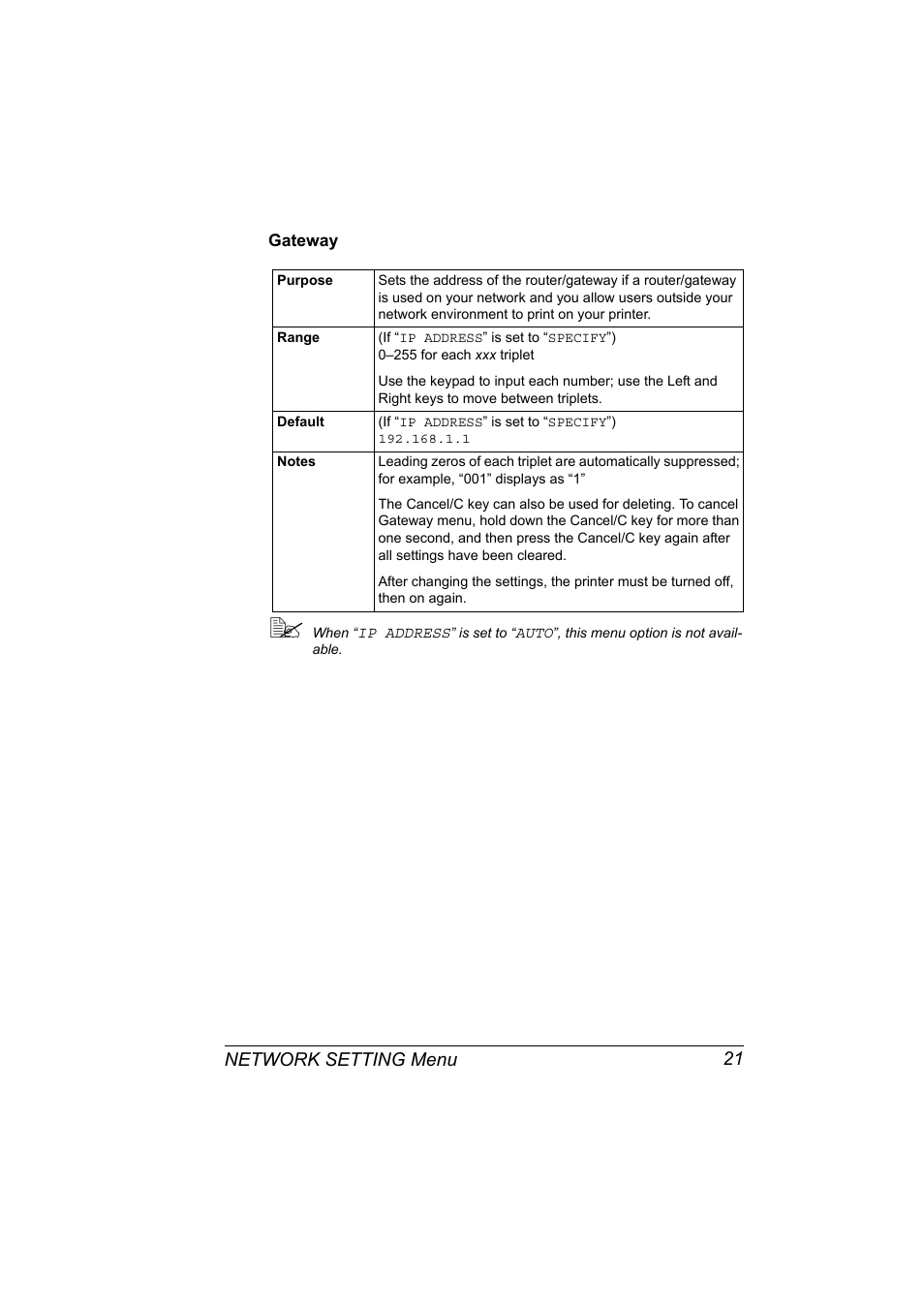 Gateway, Gateway 21, Network setting menu 21 | Konica Minolta Magicolor 2490MF User Manual | Page 29 / 86