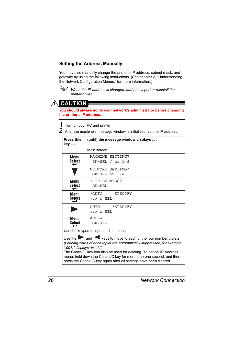 Setting the address manually, Setting the address manually 26, Caution | Konica Minolta Magicolor 2490MF User Manual | Page 34 / 86