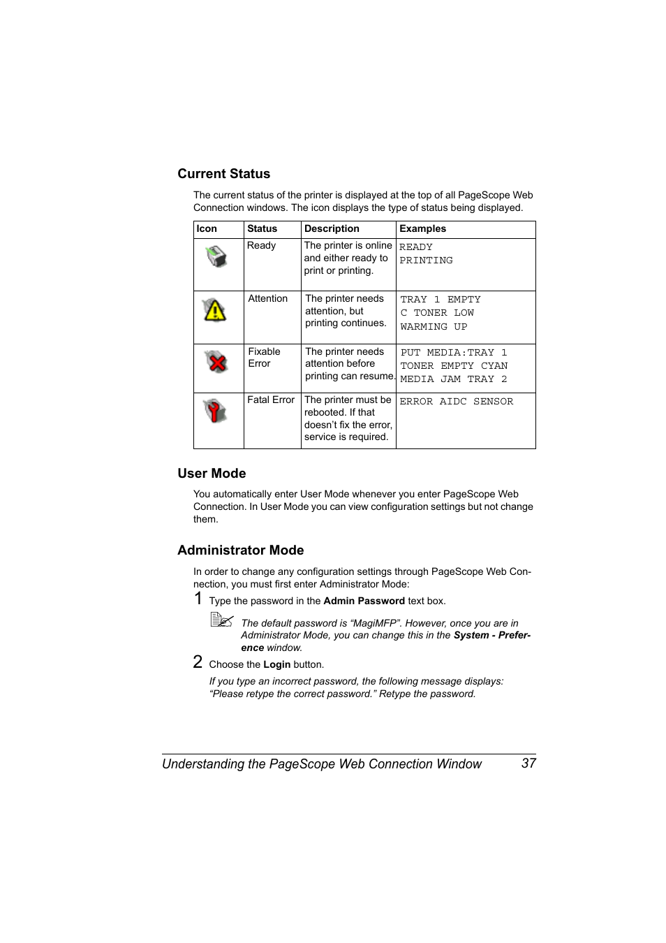 Current status, User mode, Administrator mode | Konica Minolta Magicolor 2490MF User Manual | Page 45 / 86