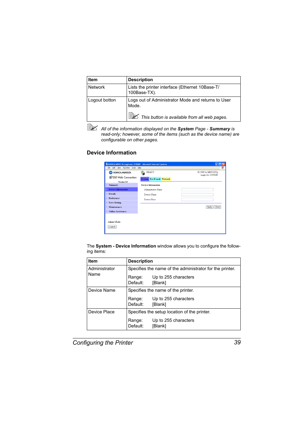 Device information, Device information 39, Configuring the printer 39 | Konica Minolta Magicolor 2490MF User Manual | Page 47 / 86