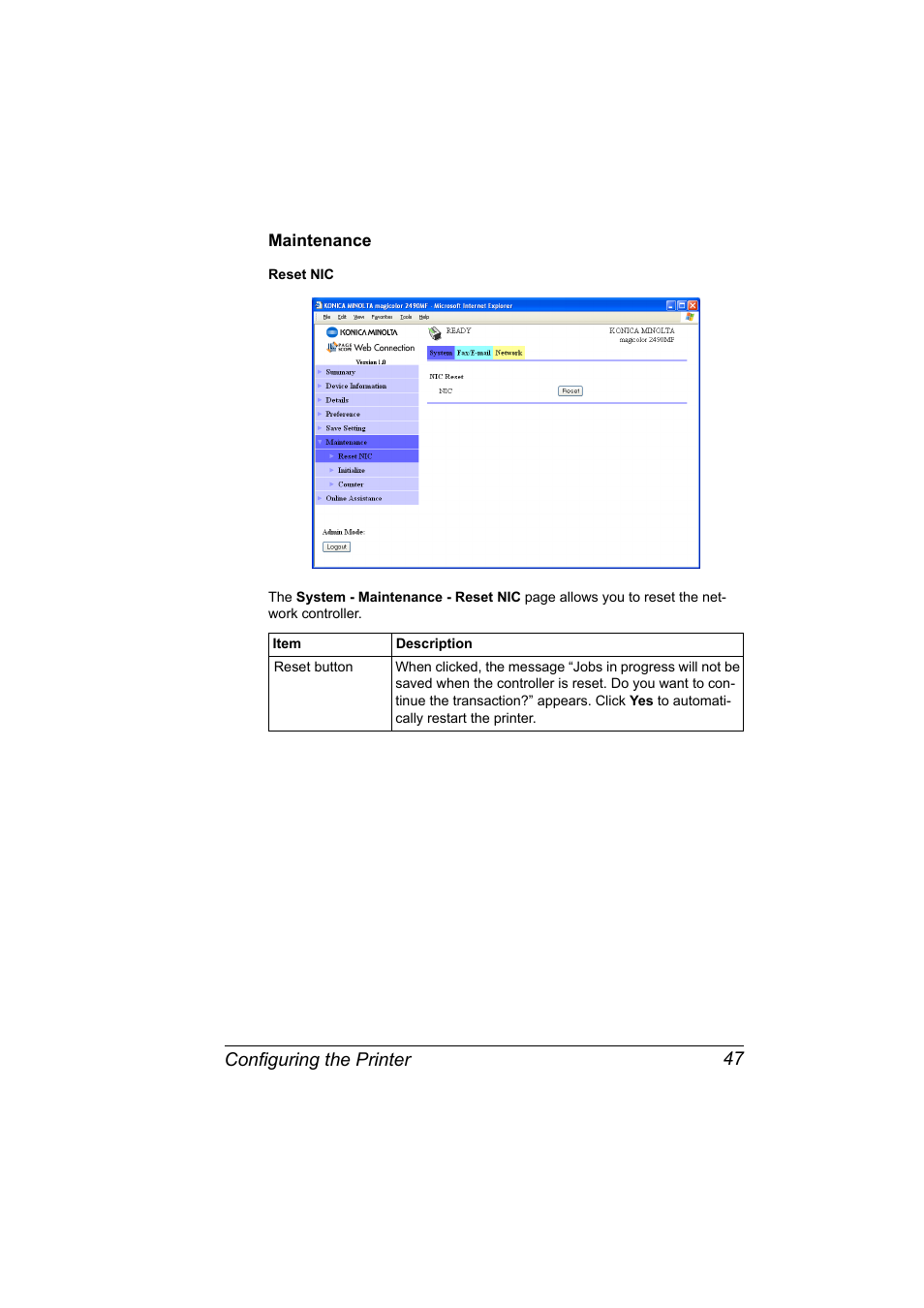 Maintenance, Maintenance 47, Configuring the printer 47 | Konica Minolta Magicolor 2490MF User Manual | Page 55 / 86