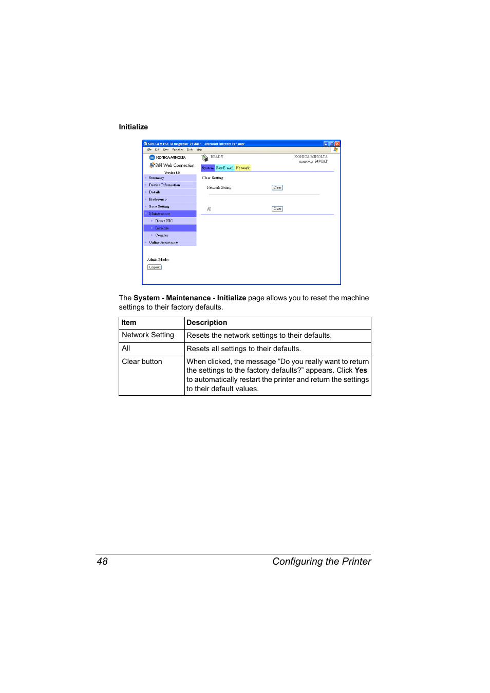 Configuring the printer 48 | Konica Minolta Magicolor 2490MF User Manual | Page 56 / 86