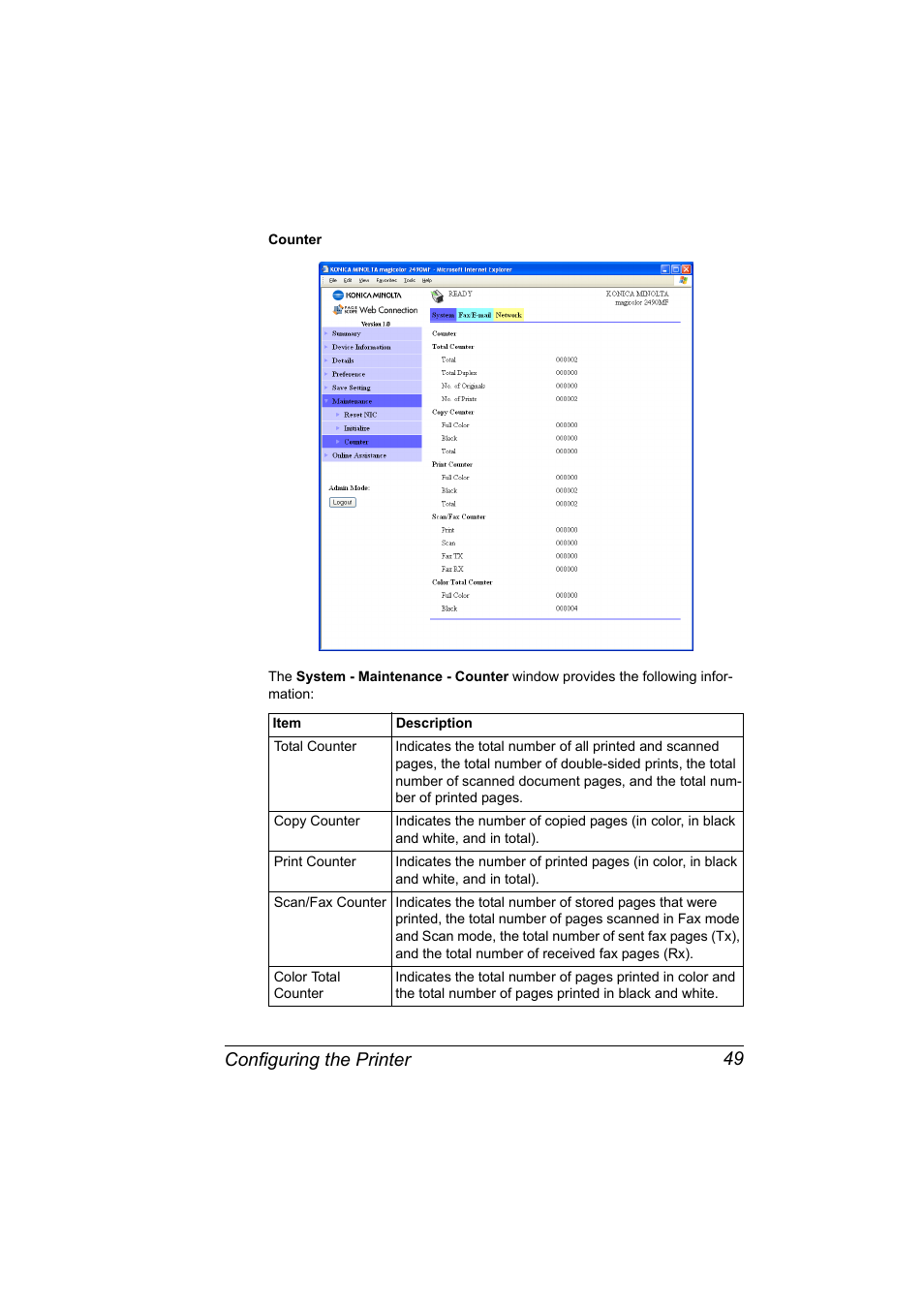 Configuring the printer 49 | Konica Minolta Magicolor 2490MF User Manual | Page 57 / 86