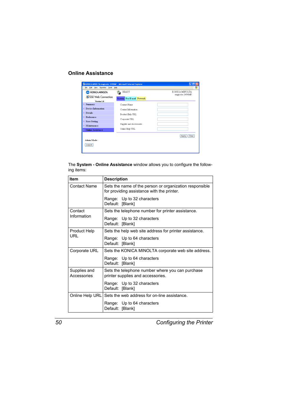 Online assistance, Online assistance 50, Configuring the printer 50 | Konica Minolta Magicolor 2490MF User Manual | Page 58 / 86