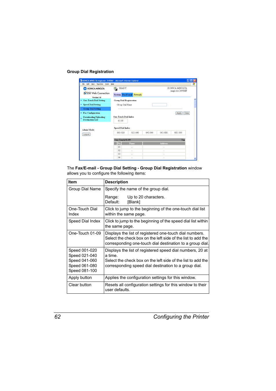 Configuring the printer 62 | Konica Minolta Magicolor 2490MF User Manual | Page 70 / 86