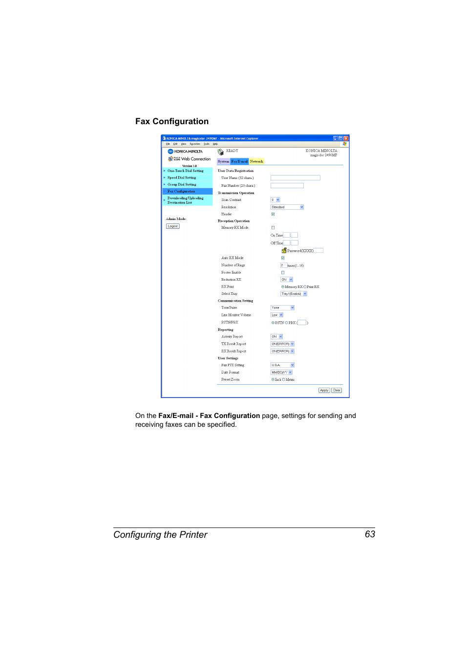 Fax configuration, Fax configuration 63 | Konica Minolta Magicolor 2490MF User Manual | Page 71 / 86