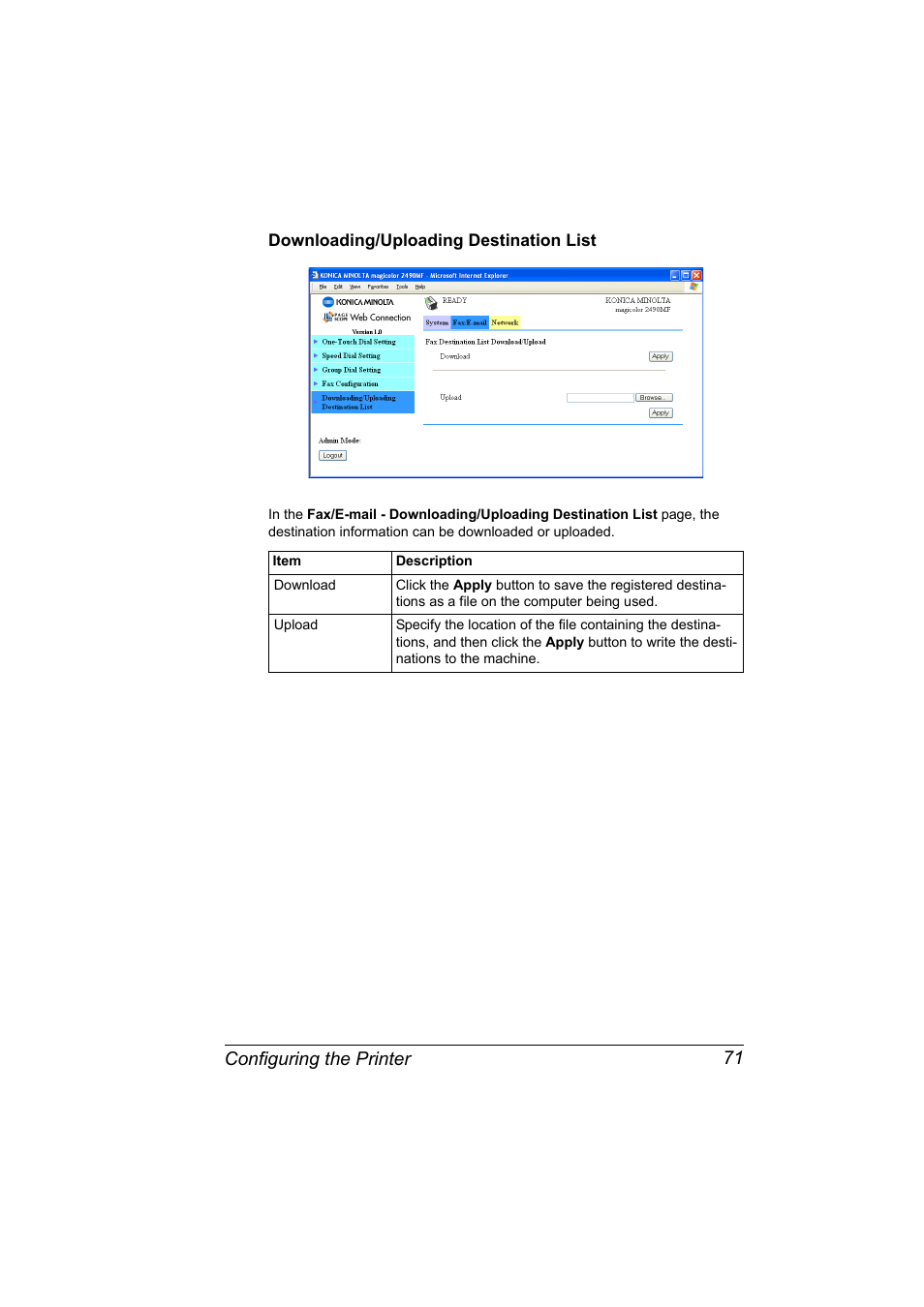 Downloading/uploading destination list, Downloading/uploading destination list 71, Configuring the printer 71 | Konica Minolta Magicolor 2490MF User Manual | Page 79 / 86