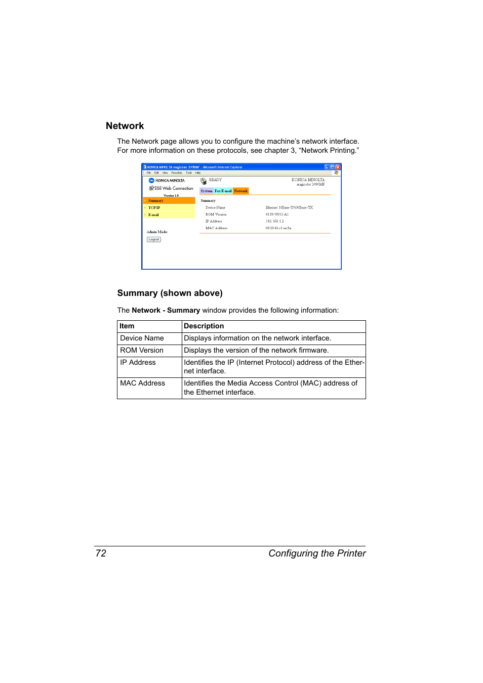 Network, Summary (shown above), Network 72 | Summary (shown above) 72, Configuring the printer 72 network | Konica Minolta Magicolor 2490MF User Manual | Page 80 / 86