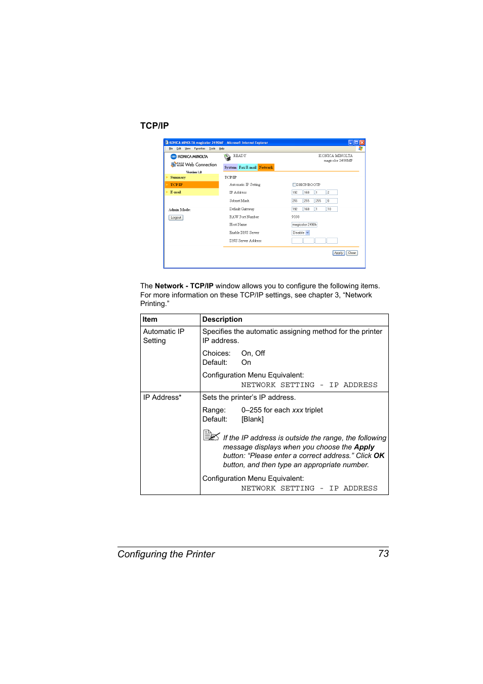 Tcp/ip, Tcp/ip 73, Configuring the printer 73 | Konica Minolta Magicolor 2490MF User Manual | Page 81 / 86