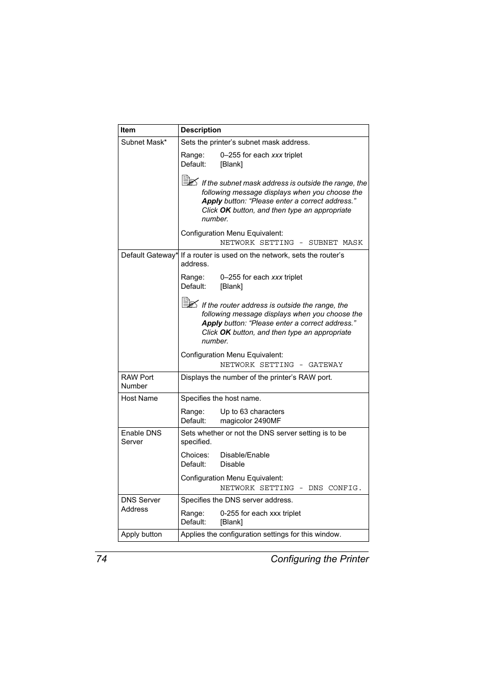 Configuring the printer 74 | Konica Minolta Magicolor 2490MF User Manual | Page 82 / 86