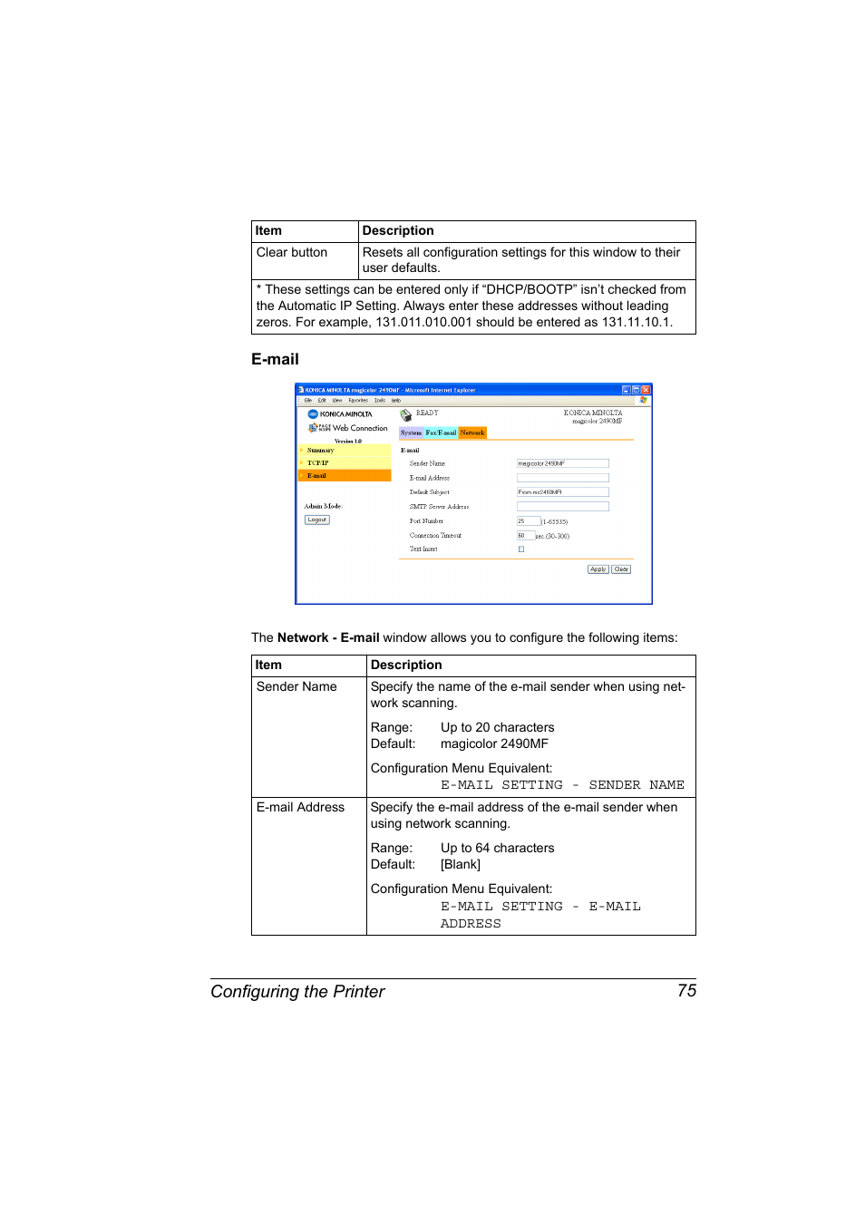 E-mail, E-mail 75, Configuring the printer 75 | Konica Minolta Magicolor 2490MF User Manual | Page 83 / 86