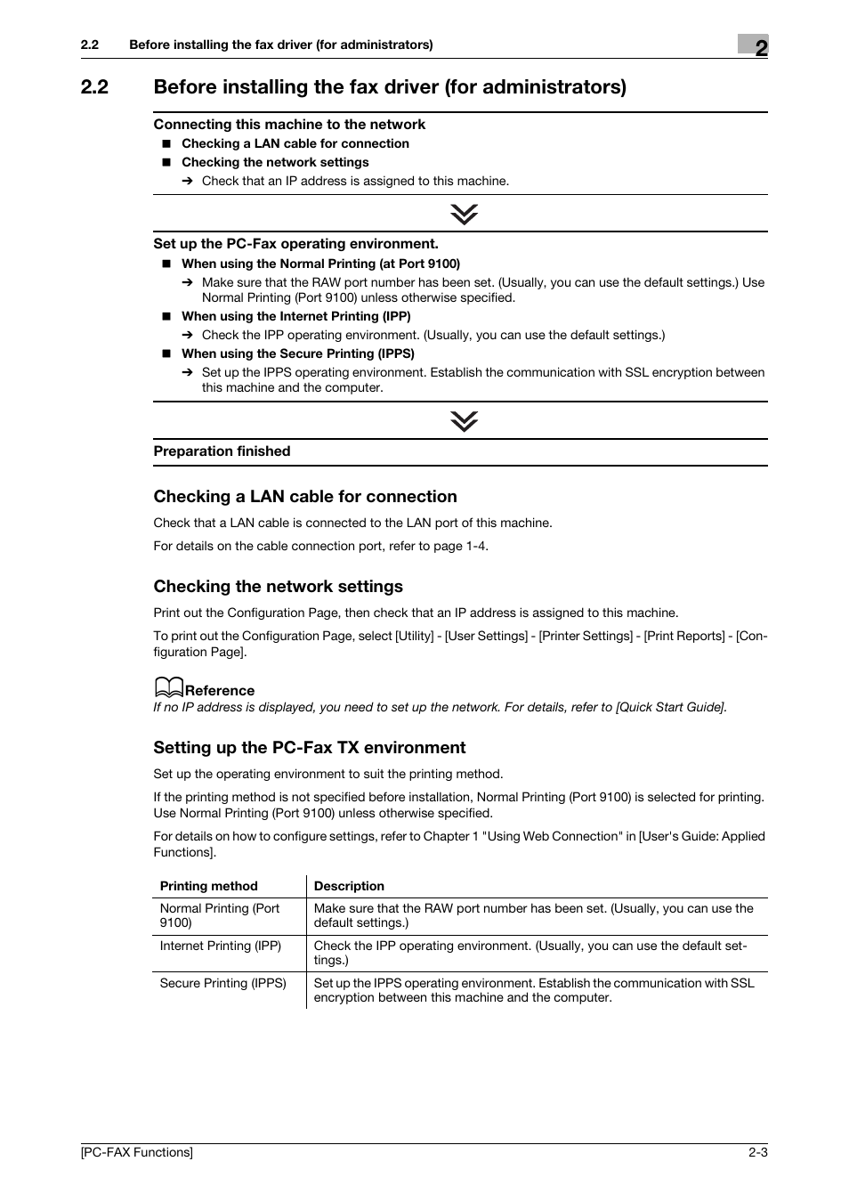 Checking a lan cable for connection, Checking the network settings, Setting up the pc-fax tx environment | Konica Minolta bizhub 4050 User Manual | Page 10 / 61