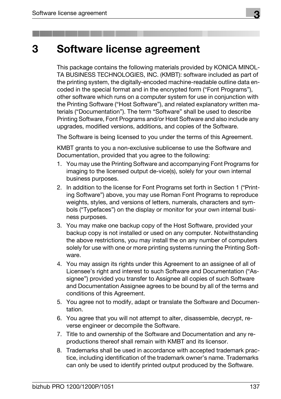 3 software license agreement, Software license agreement, 3software license agreement | Konica Minolta bizhub PRO 1051 User Manual | Page 142 / 144