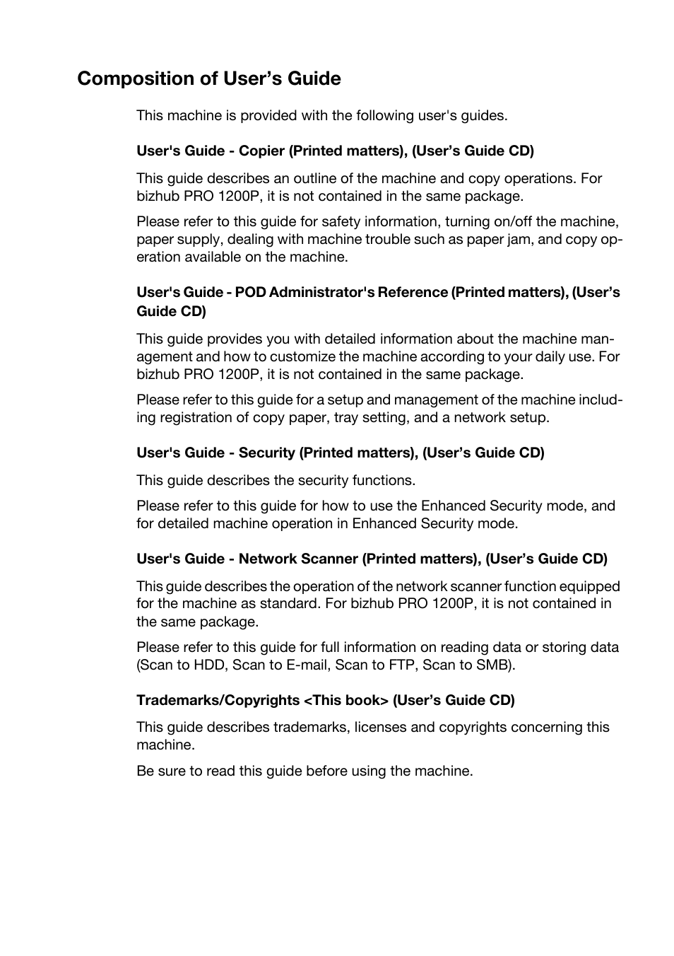 Composition of user’s guide | Konica Minolta bizhub PRO 1051 User Manual | Page 3 / 144
