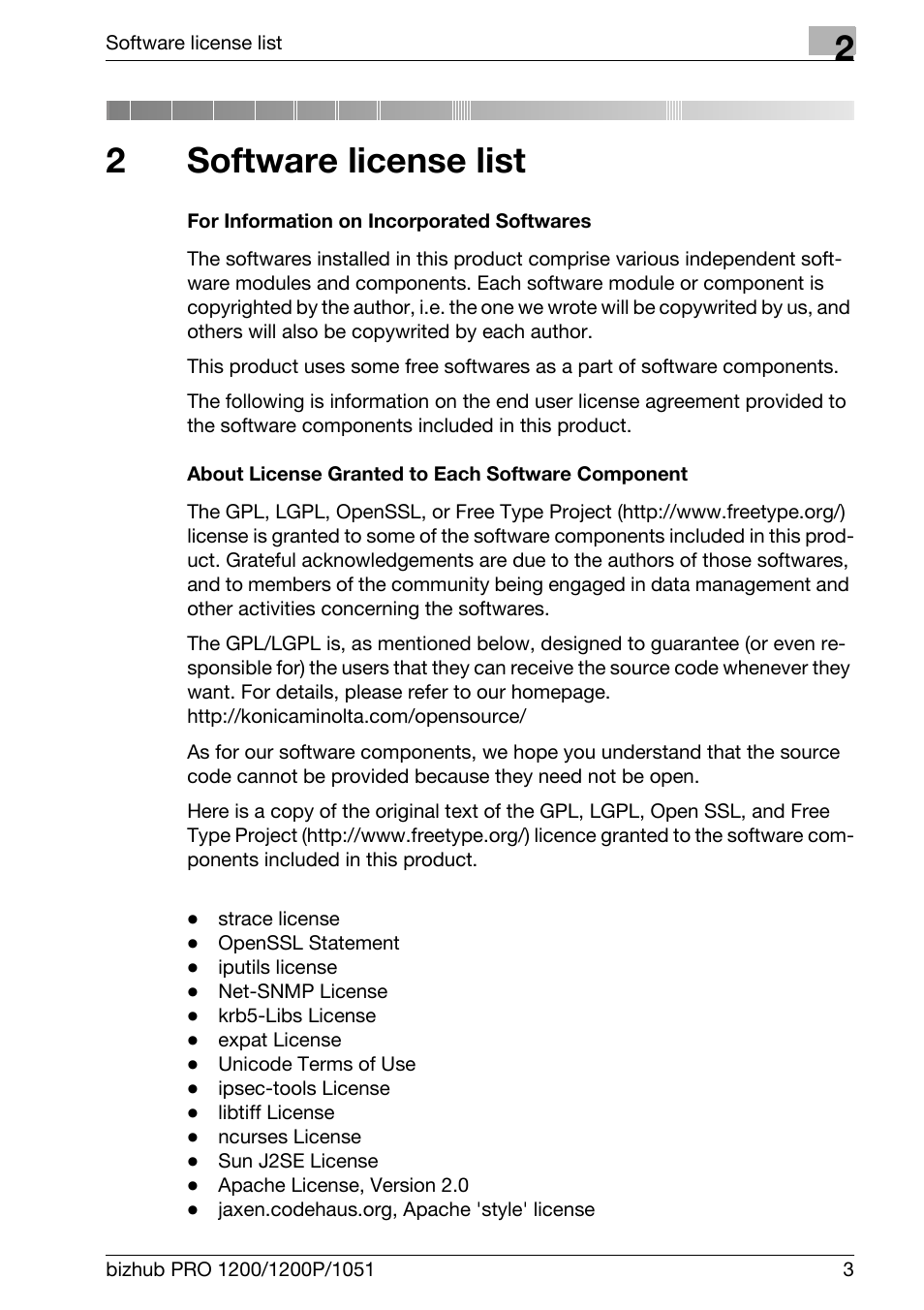 2 software license list, Software license list, 2software license list | Konica Minolta bizhub PRO 1051 User Manual | Page 8 / 144