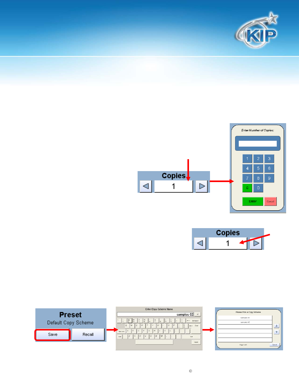 Set copy, Clear, Preset schemes | Kip touchscreen software, Number pad - count increase / decrease | Konica Minolta KIP 7100 User Manual | Page 100 / 205