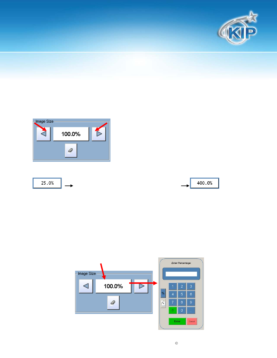 Preset percentages, Percentage key pad, Kip touchscreen software | Konica Minolta KIP 7100 User Manual | Page 108 / 205