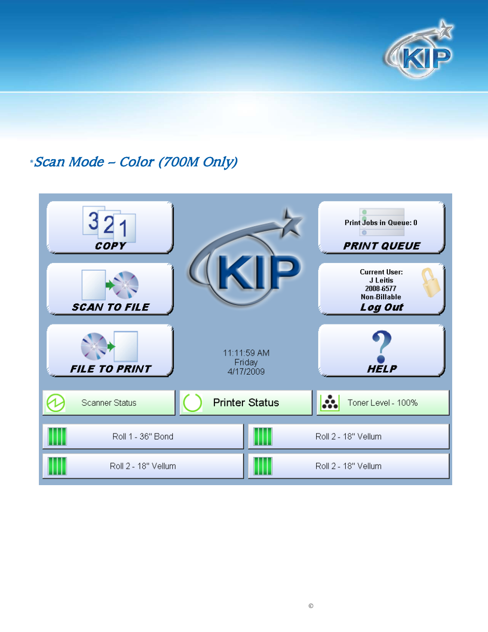 Kip touchscreen software, Scan mode – color (700m only) | Konica Minolta KIP 7100 User Manual | Page 112 / 205