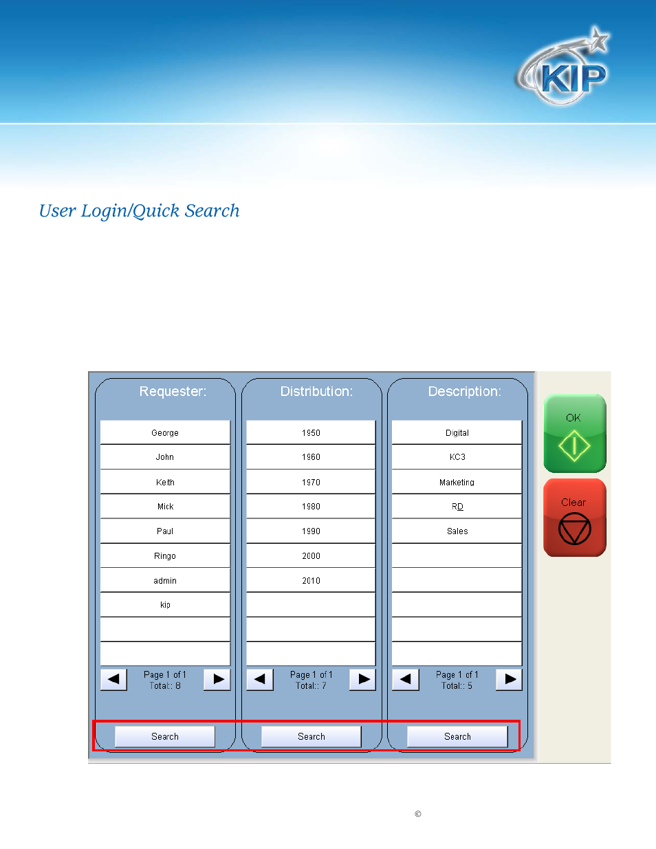User login/quick search, Copy mode – monochrome, Kip touchscreen software | Konica Minolta KIP 7100 User Manual | Page 12 / 205