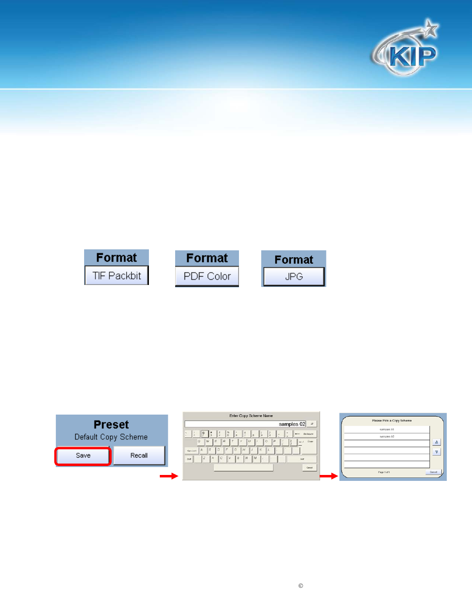 Format, Preset schemes, Kip touchscreen software | Konica Minolta KIP 7100 User Manual | Page 122 / 205