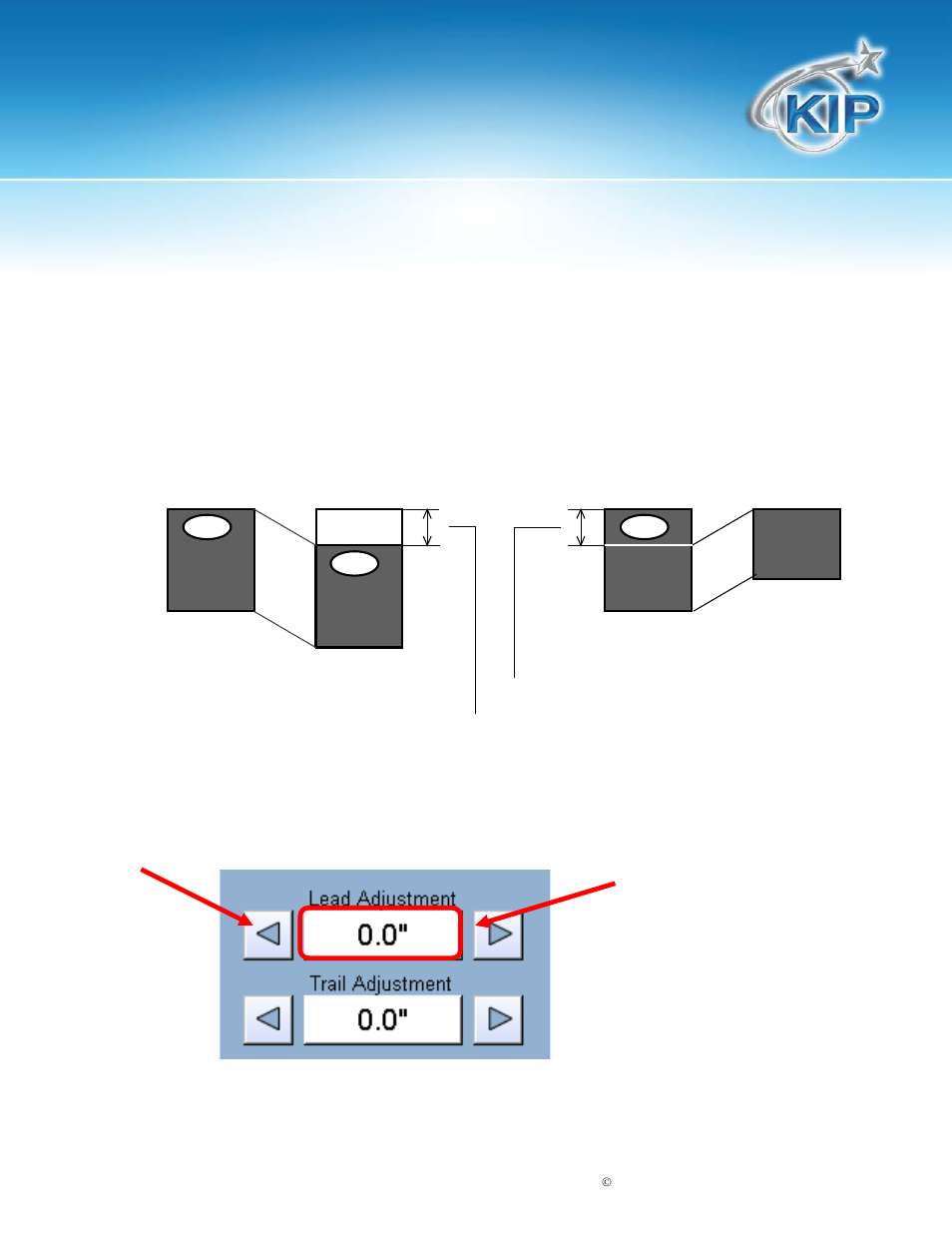Leading edge adjustment, Trailing edge adjustment, Kip touchscreen software | Konica Minolta KIP 7100 User Manual | Page 124 / 205