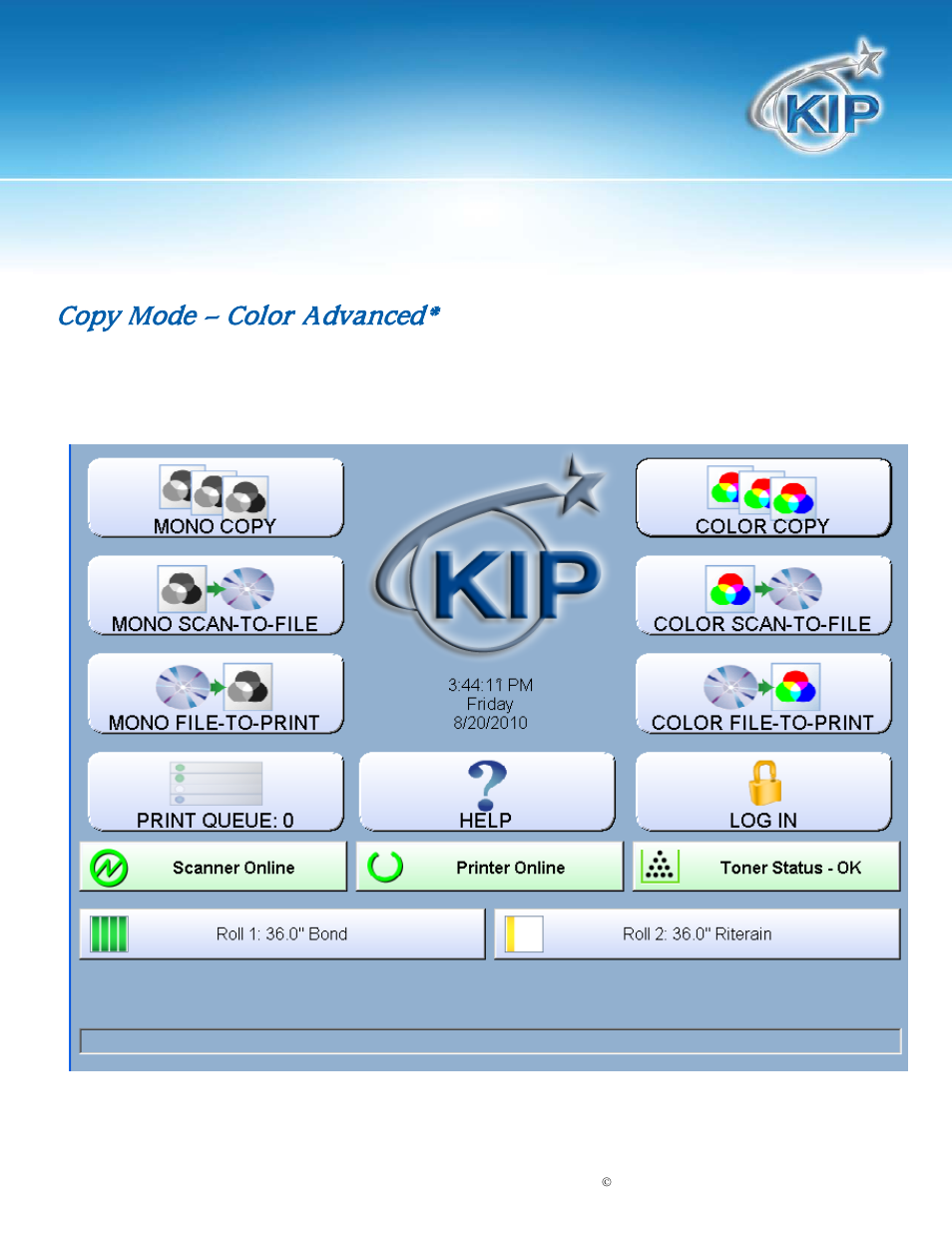 Copy mode – color advanced, Kip touchscreen software | Konica Minolta KIP 7100 User Manual | Page 128 / 205