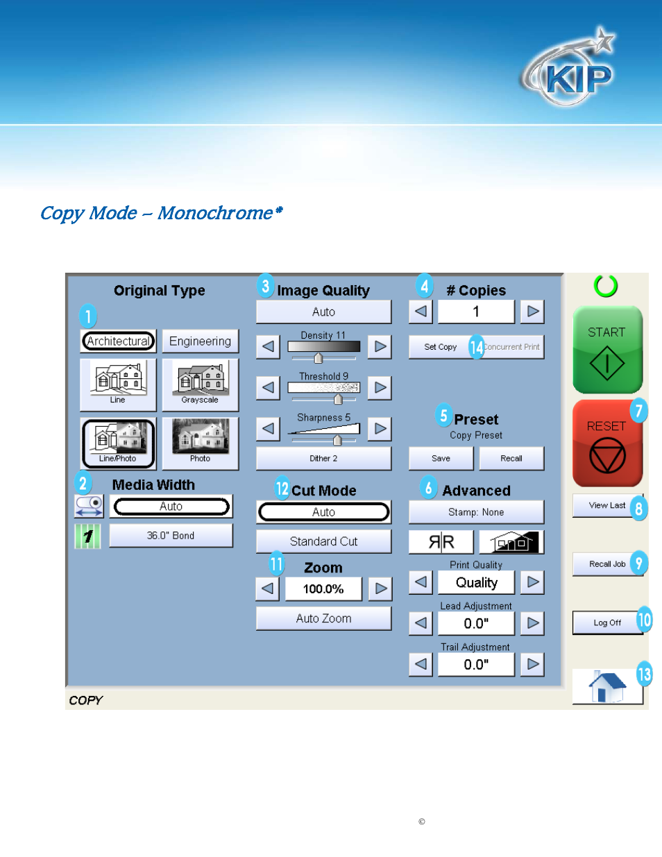 Main screen, Kip touchscreen software, Copy mode – monochrome | Konica Minolta KIP 7100 User Manual | Page 13 / 205