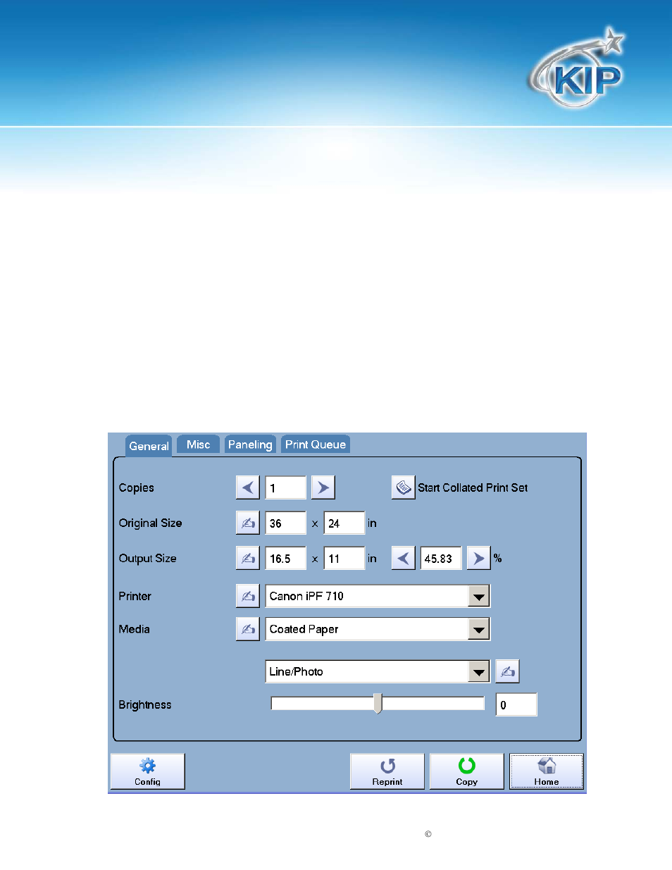 Simple copying, General tab, Kip touchscreen software | Konica Minolta KIP 7100 User Manual | Page 134 / 205