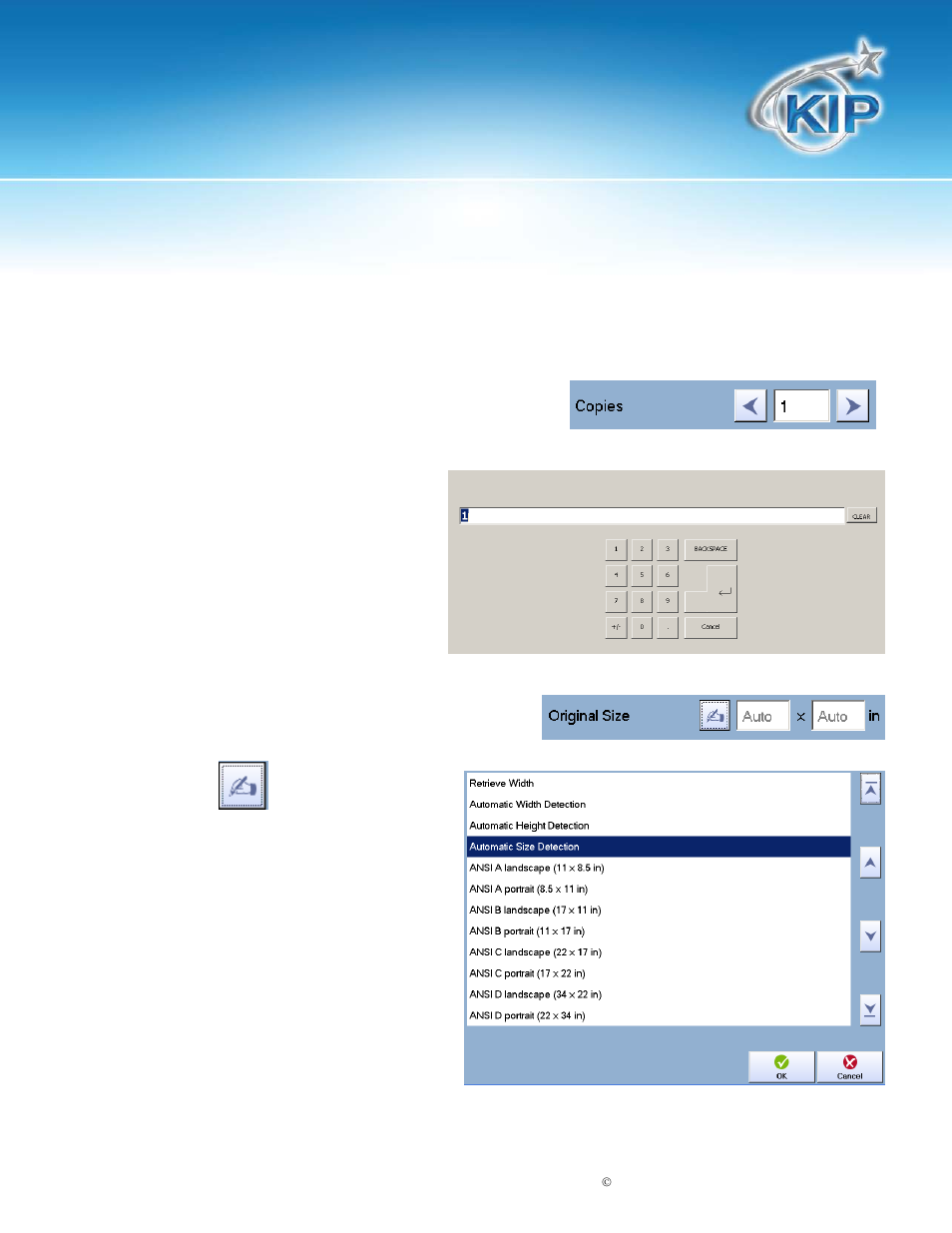 Copies, Original size, Kip touchscreen software | Konica Minolta KIP 7100 User Manual | Page 135 / 205