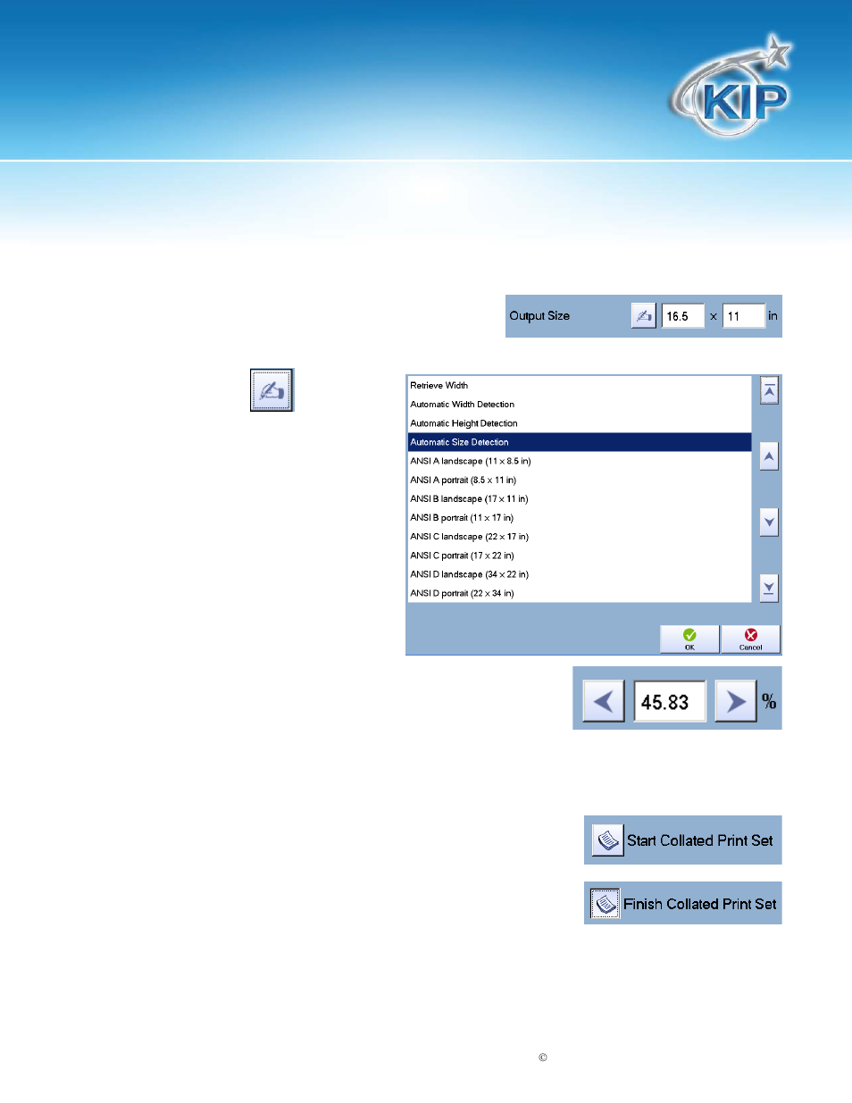 Collated set, Kip touchscreen software, Output size | Konica Minolta KIP 7100 User Manual | Page 136 / 205