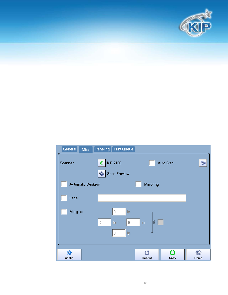 Brightness, Misc. tab, Kip touchscreen software | Konica Minolta KIP 7100 User Manual | Page 140 / 205