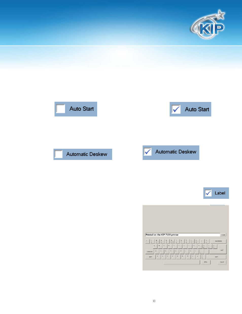 Auto start, Automatic deskew, Label | Kip touchscreen software | Konica Minolta KIP 7100 User Manual | Page 143 / 205