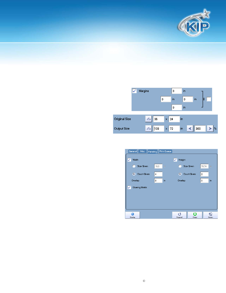Margins, Paneling tab, Kip touchscreen software | Konica Minolta KIP 7100 User Manual | Page 144 / 205