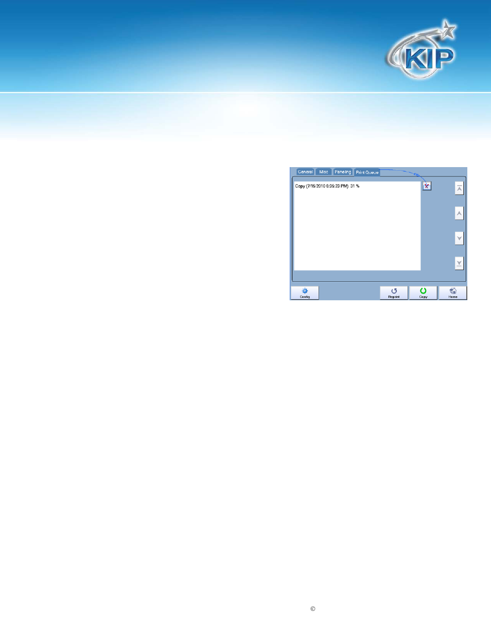 Print queue tab, Kip touchscreen software | Konica Minolta KIP 7100 User Manual | Page 145 / 205