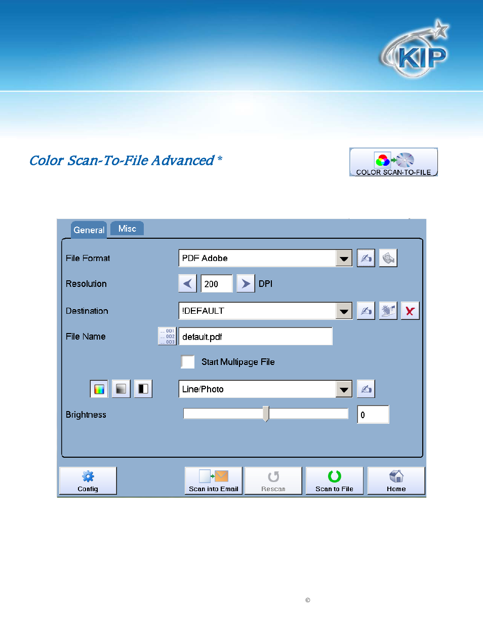 Color scan-to-file advanced, Kip touchscreen software | Konica Minolta KIP 7100 User Manual | Page 146 / 205