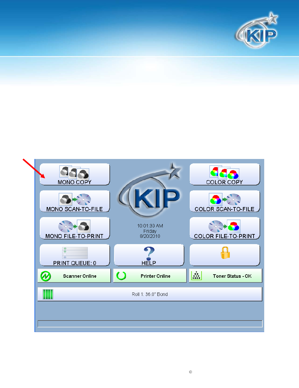 Simple copying, Select mono copy mode, Kip touchscreen software | Konica Minolta KIP 7100 User Manual | Page 15 / 205