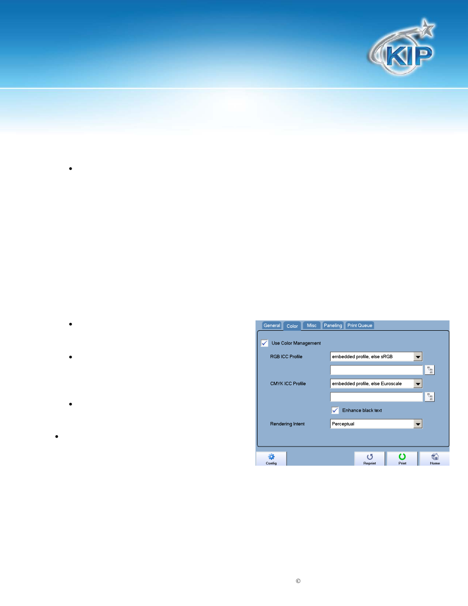 General tab, Color tab, Kip touchscreen software | Konica Minolta KIP 7100 User Manual | Page 162 / 205