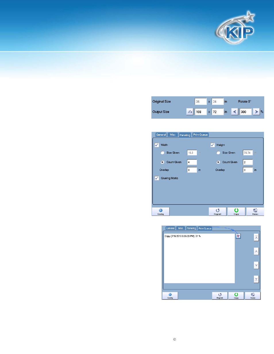 Paneling tab, Print queue tab, Kip touchscreen software | Konica Minolta KIP 7100 User Manual | Page 165 / 205