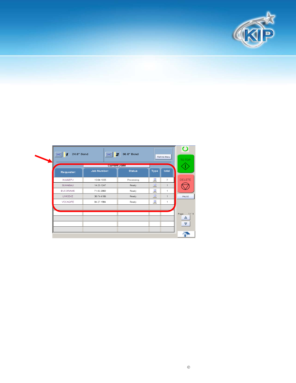 Operation details, Job list - main screen, Kip touchscreen software | Konica Minolta KIP 7100 User Manual | Page 168 / 205