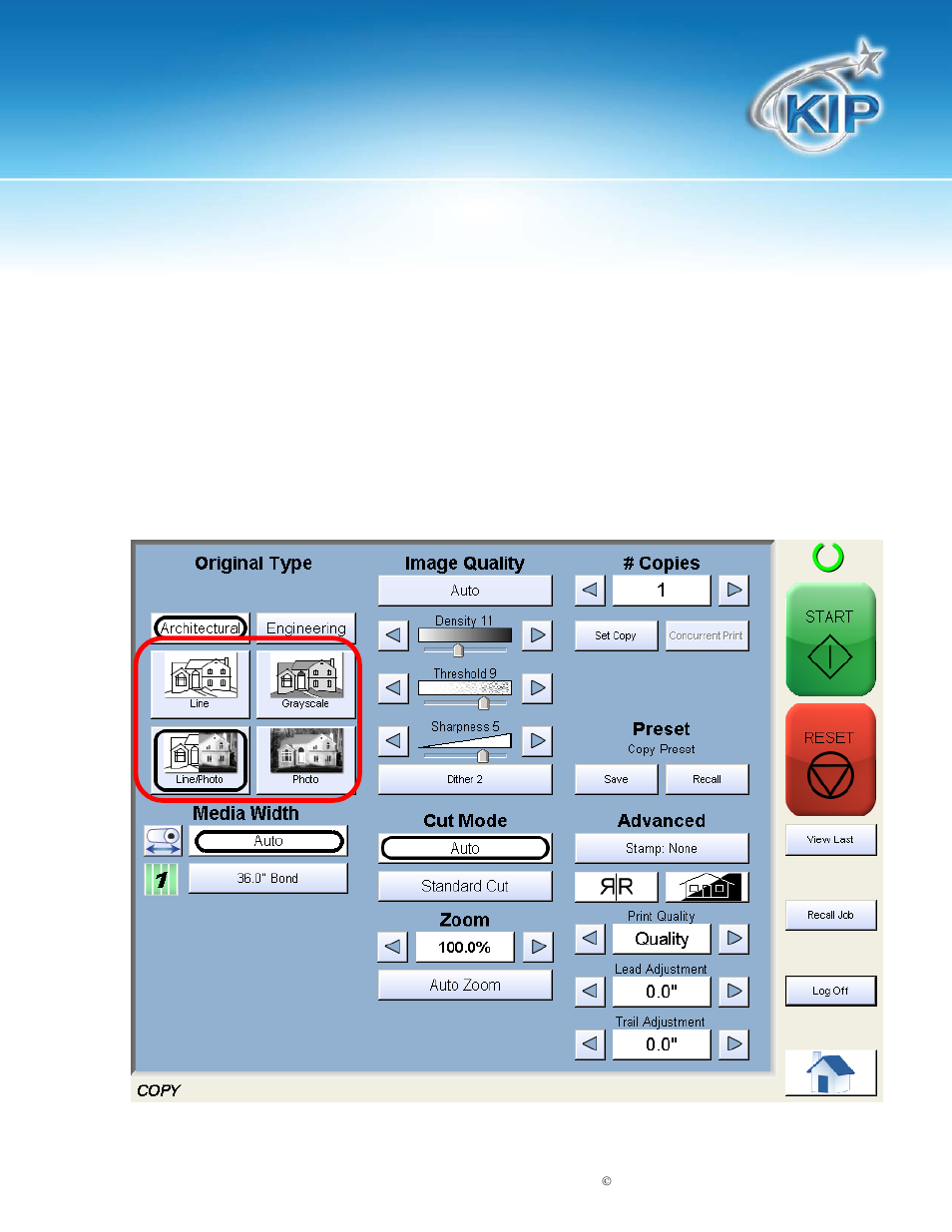 Select original image type, Copy count, Kip touchscreen software | Konica Minolta KIP 7100 User Manual | Page 17 / 205