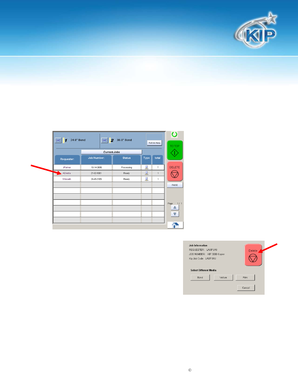 Delete, Kip touchscreen software | Konica Minolta KIP 7100 User Manual | Page 172 / 205