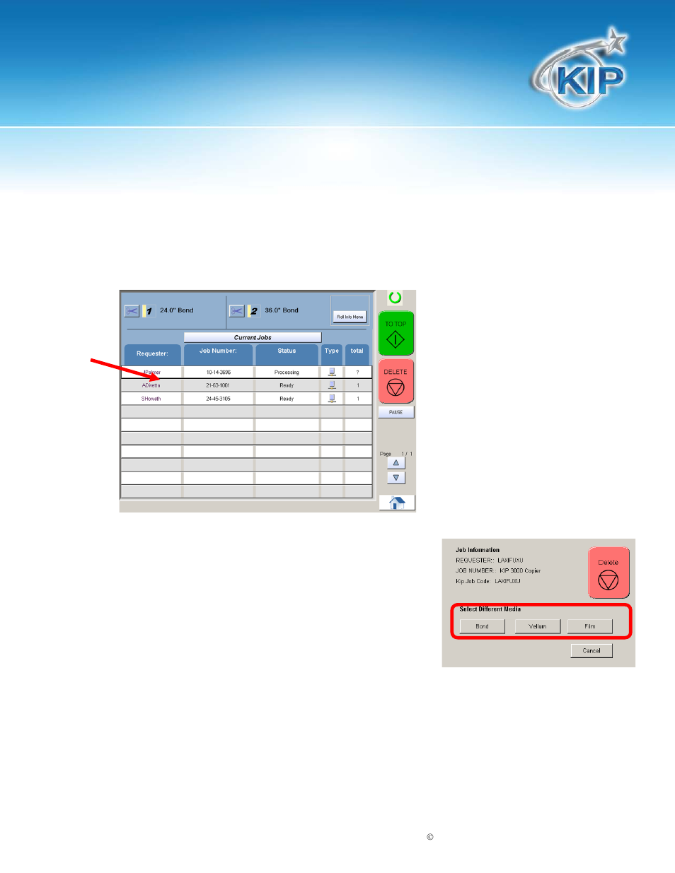 Change media type in print job, Kip touchscreen software | Konica Minolta KIP 7100 User Manual | Page 173 / 205