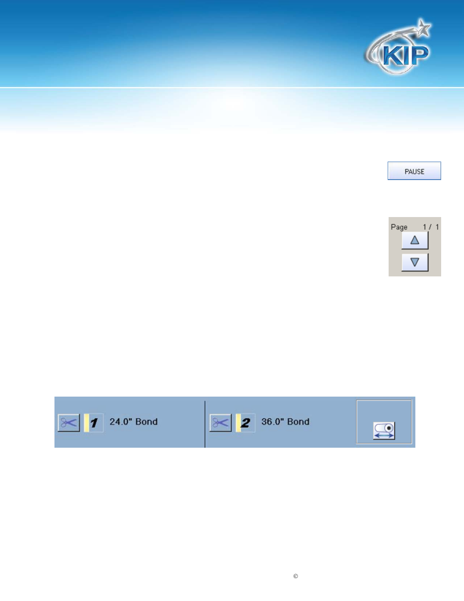 Pause, Media information, Kip touchscreen software | Page scroll | Konica Minolta KIP 7100 User Manual | Page 175 / 205