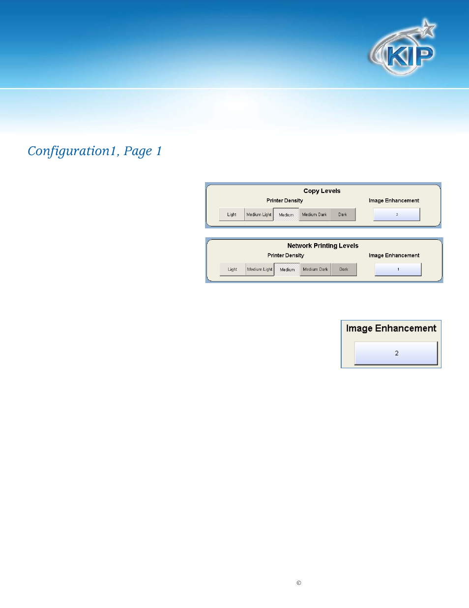 Copy levels, Printer density, Image enhancement level | Kip touchscreen software, Configuration1, page 1 copy levels | Konica Minolta KIP 7100 User Manual | Page 189 / 205