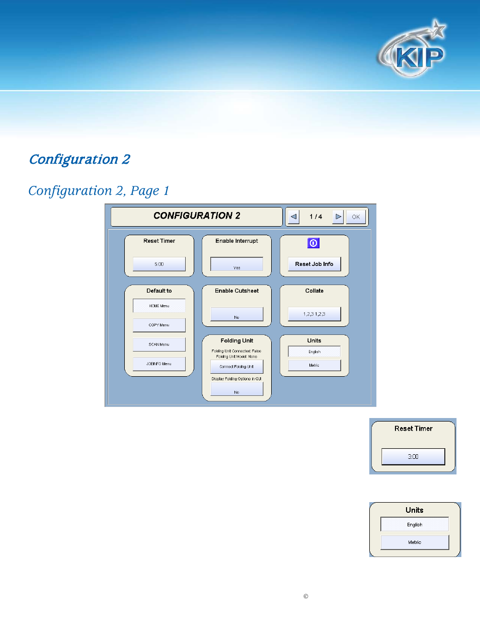 Configuration 2, Reset timer, English or metric units | Kip touchscreen software, Configuration 2, page 1 reset timer | Konica Minolta KIP 7100 User Manual | Page 198 / 205